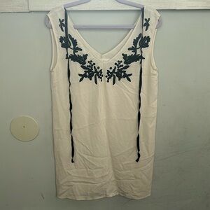 ULLA JOHNSON SILK OFF WHITE WITH BLACK EMBROIDERED DETAILS MINI DRESS SIZE 4